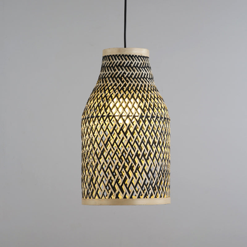 Hand Woven Pendant Lighting Japanese Rattan 1 Bulb Ceiling Suspension Lamp in Black Clearhalo 'Ceiling Lights' 'Pendant Lights' 'Pendants' Lighting' 379928