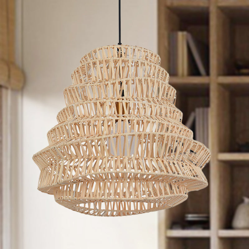 Laser Cut Hanging Lamp Chinese Bamboo 1 Head Beige Pendant Light Fixture, 12"/18" Wide Clearhalo 'Ceiling Lights' 'Pendant Lights' 'Pendants' Lighting' 379931