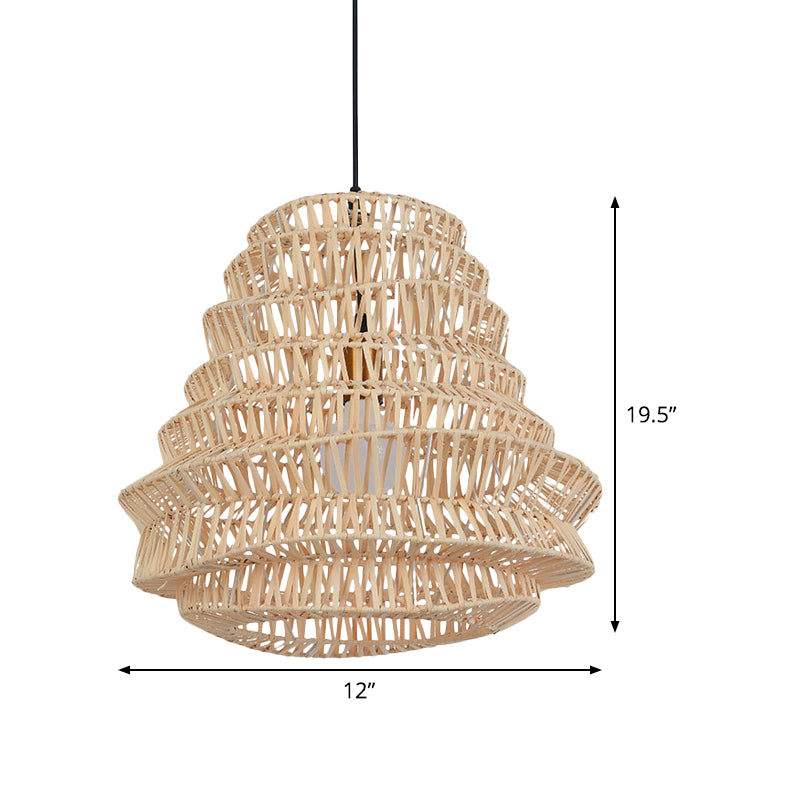 Laser Cut Hanging Lamp Chinese Bamboo 1 Head Beige Pendant Light Fixture, 12"/18" Wide Clearhalo 'Ceiling Lights' 'Pendant Lights' 'Pendants' Lighting' 379934