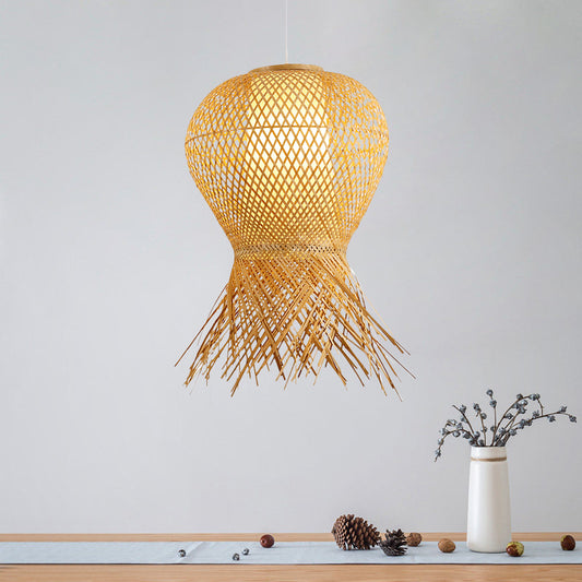 Japanese Hand-Worked Pendant Light Bamboo 1 Bulb Suspended Lighting Fixture in Beige Clearhalo 'Ceiling Lights' 'Pendant Lights' 'Pendants' Lighting' 379951