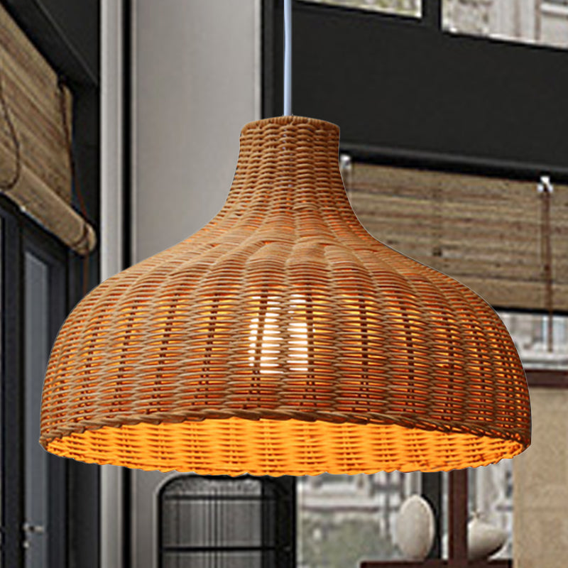 Chinese Dome Hanging Lamp Rattan 1 Bulb Ceiling Pendant Light in Orange for Restaurant Clearhalo 'Ceiling Lights' 'Pendant Lights' 'Pendants' Lighting' 379977