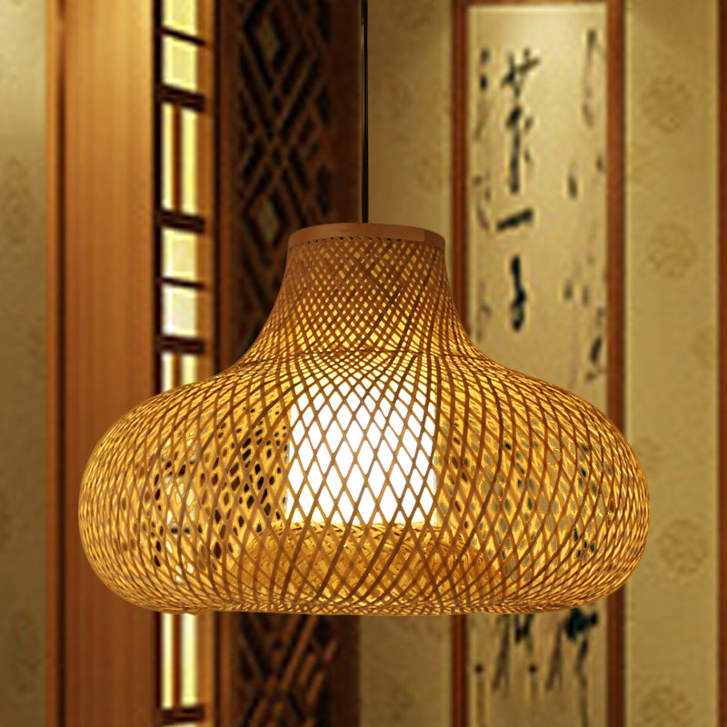 Bamboo Handwoven Pendant Lighting Japanese 1 Head Ceiling Suspension Lamp in Flaxen Clearhalo 'Ceiling Lights' 'Pendant Lights' 'Pendants' Lighting' 379981