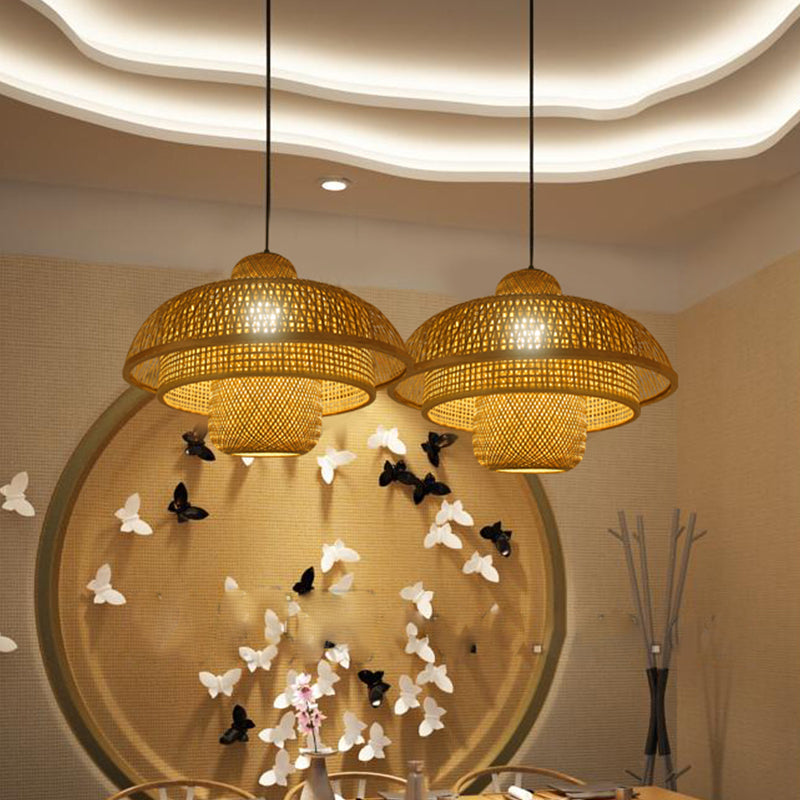 1 Bulb Teahouse Pendant Lamp Asia Flaxen Ceiling Hanging Light with Tiered Bamboo Shade Clearhalo 'Ceiling Lights' 'Pendant Lights' 'Pendants' Lighting' 379997