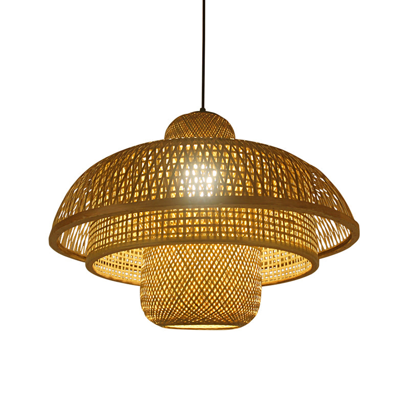 1 Bulb Teahouse Pendant Lamp Asia Flaxen Ceiling Hanging Light with Tiered Bamboo Shade Clearhalo 'Ceiling Lights' 'Pendant Lights' 'Pendants' Lighting' 379999