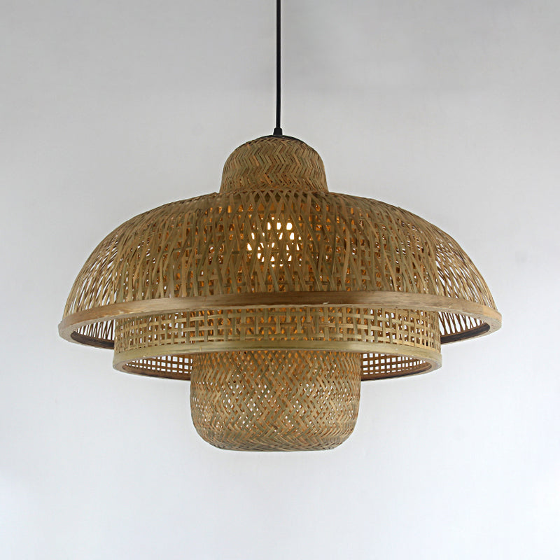 1 Bulb Teahouse Pendant Lamp Asia Flaxen Ceiling Hanging Light with Tiered Bamboo Shade Clearhalo 'Ceiling Lights' 'Pendant Lights' 'Pendants' Lighting' 380000