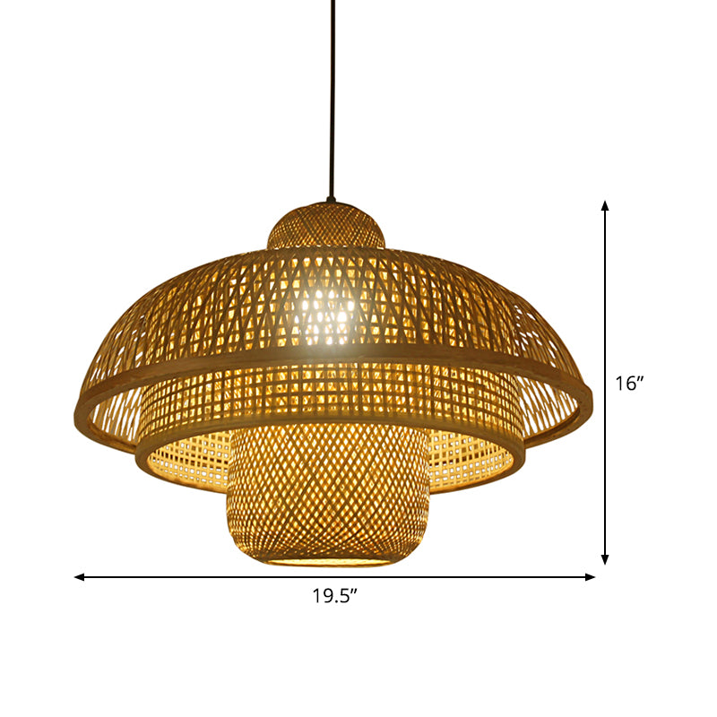 1 Bulb Teahouse Pendant Lamp Asia Flaxen Ceiling Hanging Light with Tiered Bamboo Shade Clearhalo 'Ceiling Lights' 'Pendant Lights' 'Pendants' Lighting' 380001