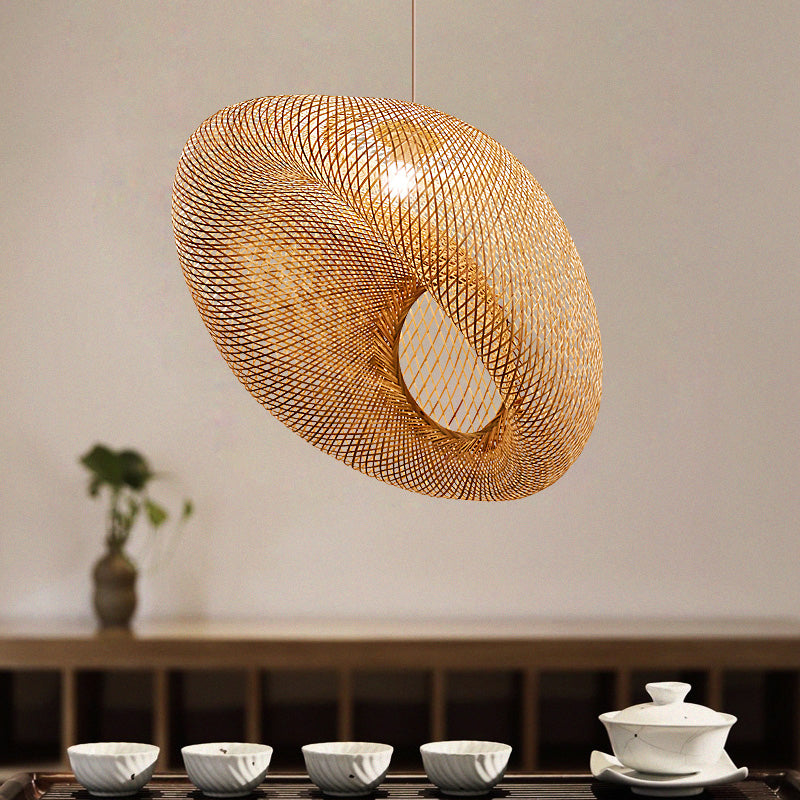 Hand Woven Bamboo Pendant Lighting Chinese 1 Head Flaxen Ceiling Suspension Lamp Clearhalo 'Ceiling Lights' 'Pendant Lights' 'Pendants' Lighting' 380031