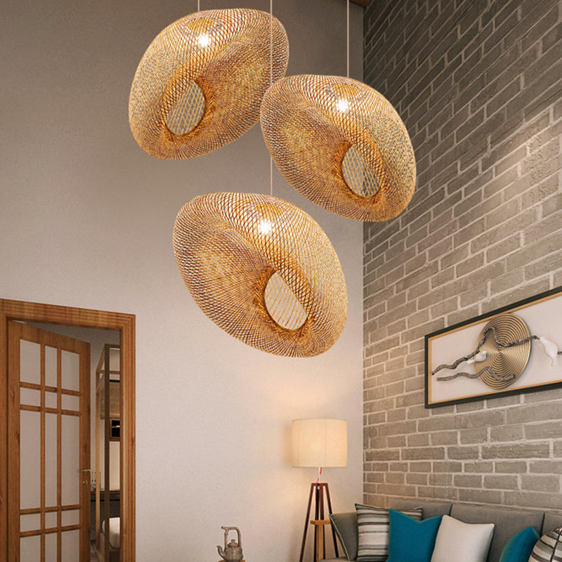 Hand Woven Bamboo Pendant Lighting Chinese 1 Head Flaxen Ceiling Suspension Lamp Clearhalo 'Ceiling Lights' 'Pendant Lights' 'Pendants' Lighting' 380032