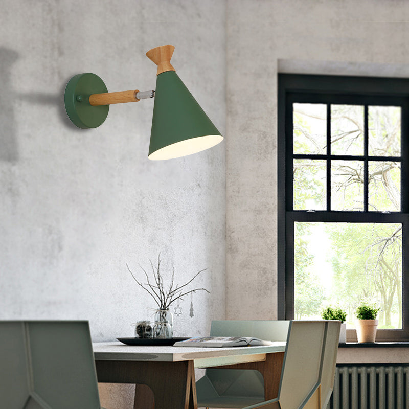 Metal Cone Shade Wall Light Nordic Style Rotatable 1 Light Bedside Reading Light in Blue/Green/Grey/White Green Clearhalo 'Cast Iron' 'Glass' 'Industrial' 'Modern wall lights' 'Modern' 'Tiffany' 'Traditional wall lights' 'Vanity Lights' 'Wall Lights' Lighting' 380050