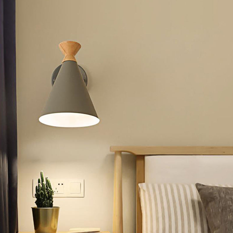 Metal Cone Shade Wall Light Nordic Style Rotatable 1 Light Bedside Reading Light in Blue/Green/Grey/White Grey Clearhalo 'Cast Iron' 'Glass' 'Industrial' 'Modern wall lights' 'Modern' 'Tiffany' 'Traditional wall lights' 'Vanity Lights' 'Wall Lights' Lighting' 380056