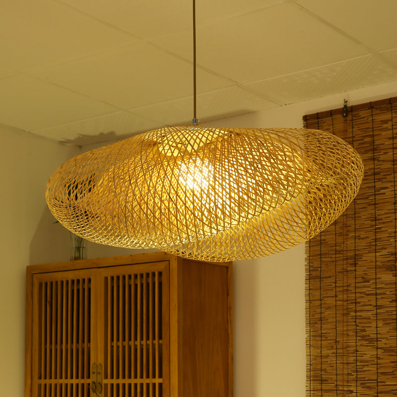 Asian 1 Bulb Hanging Light Flaxen Curved Pendant Lighting Fixture with Bamboo Shade Clearhalo 'Ceiling Lights' 'Pendant Lights' 'Pendants' Lighting' 380062