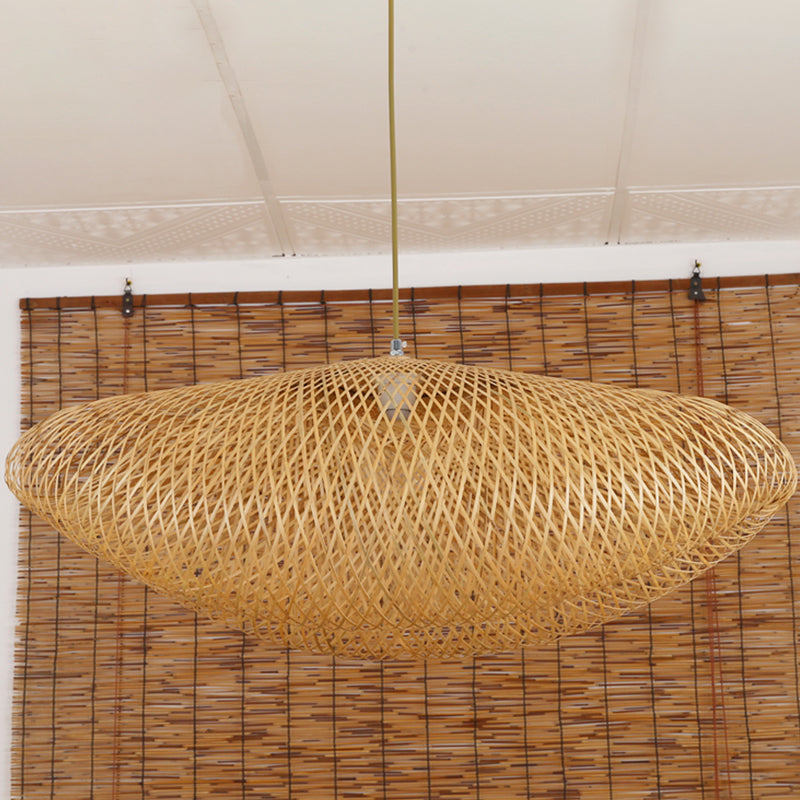 Asian 1 Bulb Hanging Light Flaxen Curved Pendant Lighting Fixture with Bamboo Shade Clearhalo 'Ceiling Lights' 'Pendant Lights' 'Pendants' Lighting' 380063