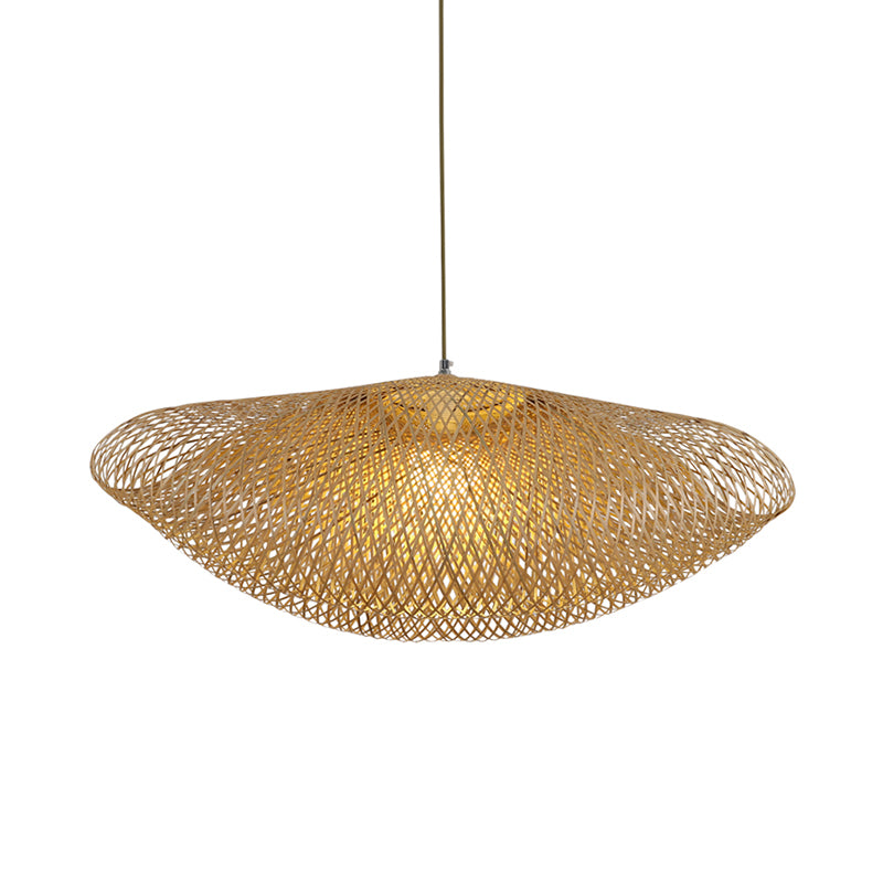 Asian 1 Bulb Hanging Light Flaxen Curved Pendant Lighting Fixture with Bamboo Shade Clearhalo 'Ceiling Lights' 'Pendant Lights' 'Pendants' Lighting' 380064