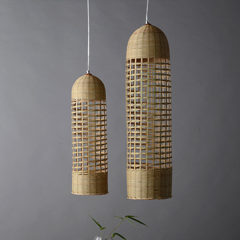 Asian 1 Head Pendant Lamp Beige Cylinder Hanging Ceiling Light with Bamboo Shade Clearhalo 'Ceiling Lights' 'Pendant Lights' 'Pendants' Lighting' 380084