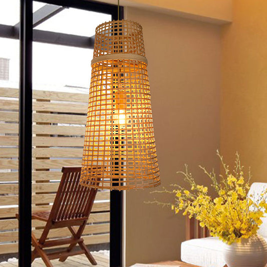 Chinese 1 Bulb Ceiling Lamp Beige Tapered Hanging Light Fixture with Bamboo Shade Clearhalo 'Ceiling Lights' 'Pendant Lights' 'Pendants' Lighting' 380132