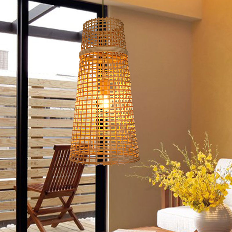 Chinese 1 Bulb Ceiling Lamp Beige Tapered Hanging Light Fixture with Bamboo Shade Beige Clearhalo 'Ceiling Lights' 'Pendant Lights' 'Pendants' Lighting' 380132_d99e3394-704d-4fd0-a259-f55397f0b336