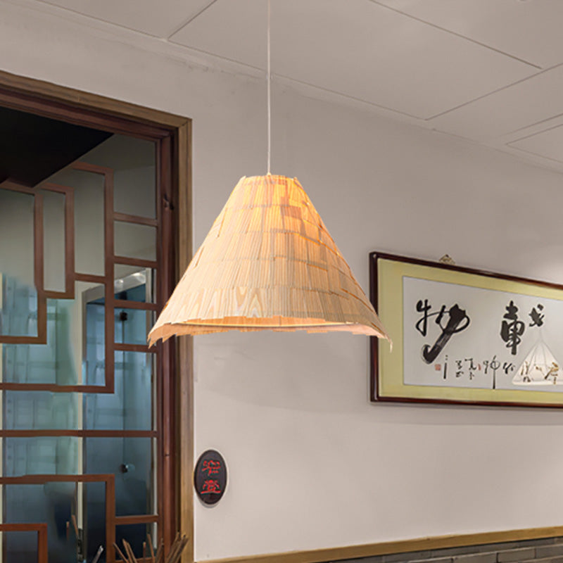 Wide Flare Pendant Lighting Japanese Wood 1 Head Ceiling Suspension Lamp in Beige Wood Clearhalo 'Ceiling Lights' 'Pendant Lights' 'Pendants' Lighting' 380147_f380aba6-d3c1-44b0-bb57-db87c6537a42