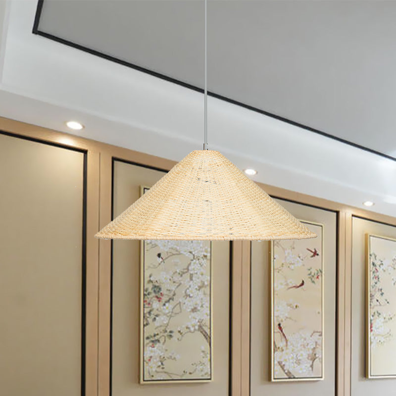 1 Bulb Hand Woven Hanging Light Chinese Bamboo Suspended Lighting Fixture in Beige Beige Clearhalo 'Ceiling Lights' 'Pendant Lights' 'Pendants' Lighting' 380152_86fc9110-7502-4879-8240-99aa046a0d77