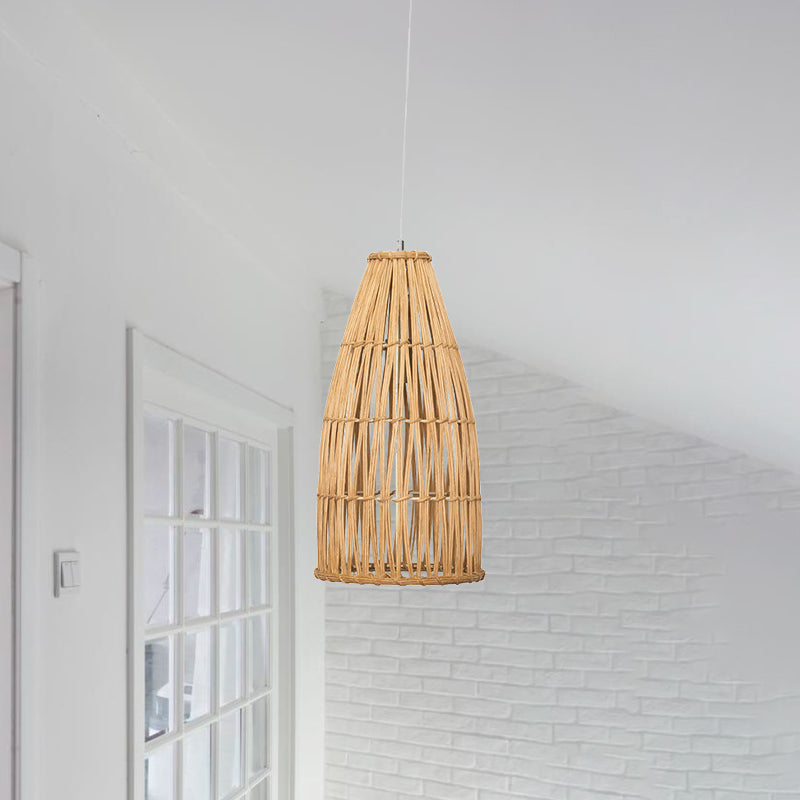 Basket Hanging Lamp Chinese Bamboo 1 Bulb Khaki Ceiling Pendant Light for Dining Room Clearhalo 'Ceiling Lights' 'Pendant Lights' 'Pendants' Lighting' 380175