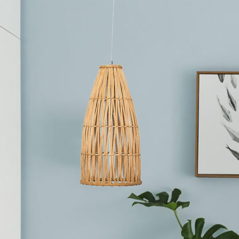 Basket Hanging Lamp Chinese Bamboo 1 Bulb Khaki Ceiling Pendant Light for Dining Room Clearhalo 'Ceiling Lights' 'Pendant Lights' 'Pendants' Lighting' 380176