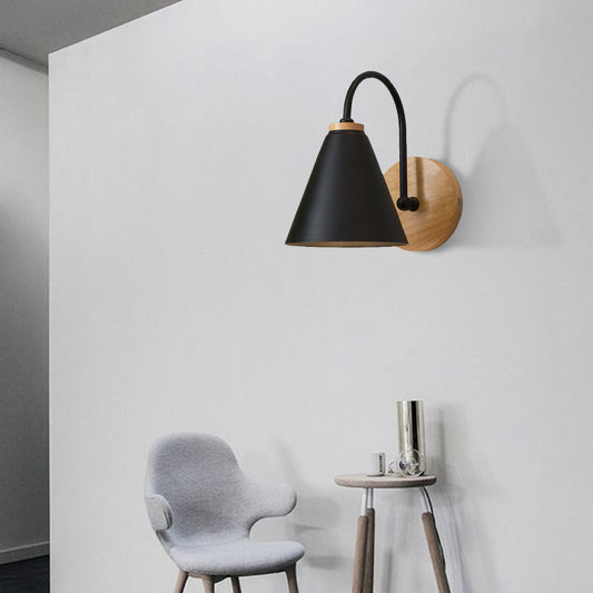 Simple Conical Wall Light Sconce 1 Light Wall Lamp with Metal Shade and Gooseneck Arm in Black/White, 6" W Black Clearhalo 'Cast Iron' 'Glass' 'Industrial' 'Modern wall lights' 'Modern' 'Tiffany' 'Traditional wall lights' 'Vanity Lights' 'Wall Lights' Lighting' 380185