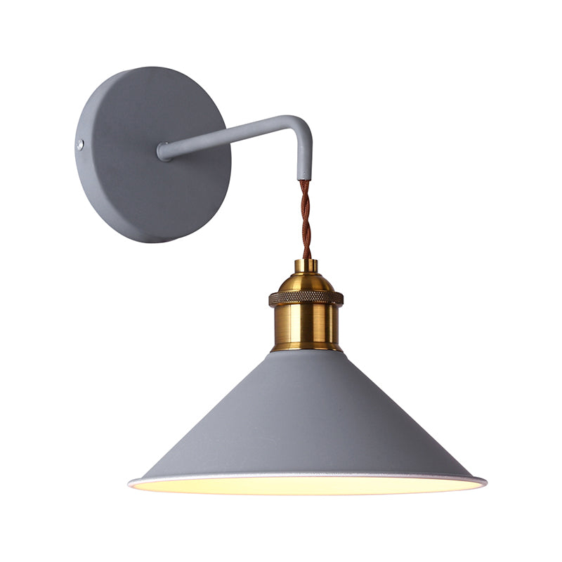 Gray/Pink/Yellow/Green Cone Wall Lighting Modern Metal 1 Head Wall Mount Light with Straight Arm for Hallway, 8.5" W Grey Clearhalo 'Cast Iron' 'Glass' 'Industrial' 'Modern wall lights' 'Modern' 'Tiffany' 'Traditional wall lights' 'Vanity Lights' 'Wall Lights' Lighting' 380238