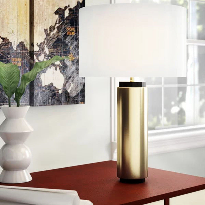 Cylindrical Task Lighting Modernism Fabric 1 Head White Desk Lamp with Gold Metal Base Clearhalo 'Lamps' 'Table Lamps' Lighting' 380262