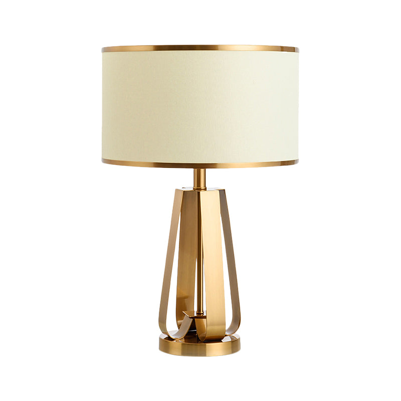 Fabric Drum Table Lamp Modernist 1 Head Gold Reading Book Light with Metal Base Clearhalo 'Lamps' 'Table Lamps' Lighting' 380282