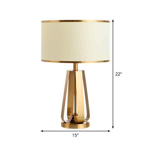 Fabric Drum Table Lamp Modernist 1 Head Gold Reading Book Light with Metal Base Clearhalo 'Lamps' 'Table Lamps' Lighting' 380284