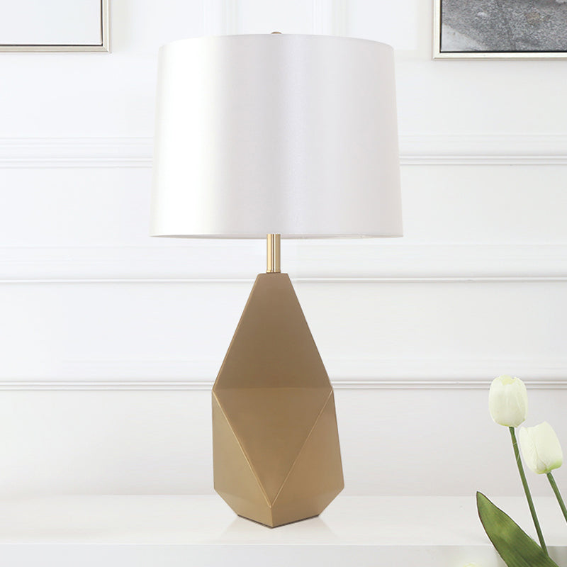 White Barrel Task Lamp Modern 1 Head Fabric Desk Light with Gold Geometric Metal Base Gold Clearhalo 'Lamps' 'Table Lamps' Lighting' 380295