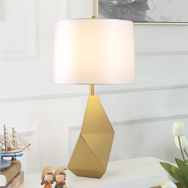 White Barrel Task Lamp Modern 1 Head Fabric Desk Light with Gold Geometric Metal Base Clearhalo 'Lamps' 'Table Lamps' Lighting' 380296