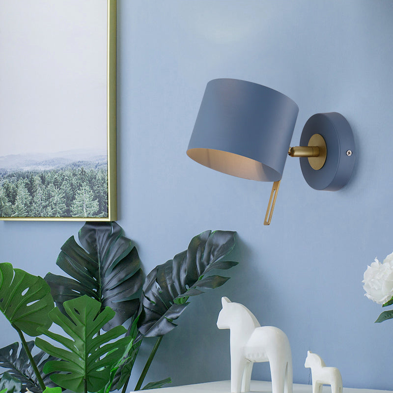 Cylinder Wall Mount Lighting Minimalism Metallic 5" W 1 Light Black/Pink/Yellow/Blue Wall Sconce for Corridor Blue Clearhalo 'Cast Iron' 'Glass' 'Industrial' 'Modern wall lights' 'Modern' 'Tiffany' 'Traditional wall lights' 'Vanity Lights' 'Wall Lights' Lighting' 380324