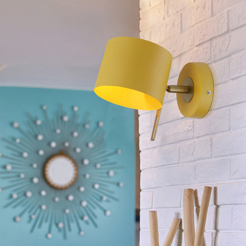 Cylinder Wall Mount Lighting Minimalism Metallic 5" W 1 Light Black/Pink/Yellow/Blue Wall Sconce for Corridor Yellow Clearhalo 'Cast Iron' 'Glass' 'Industrial' 'Modern wall lights' 'Modern' 'Tiffany' 'Traditional wall lights' 'Vanity Lights' 'Wall Lights' Lighting' 380326