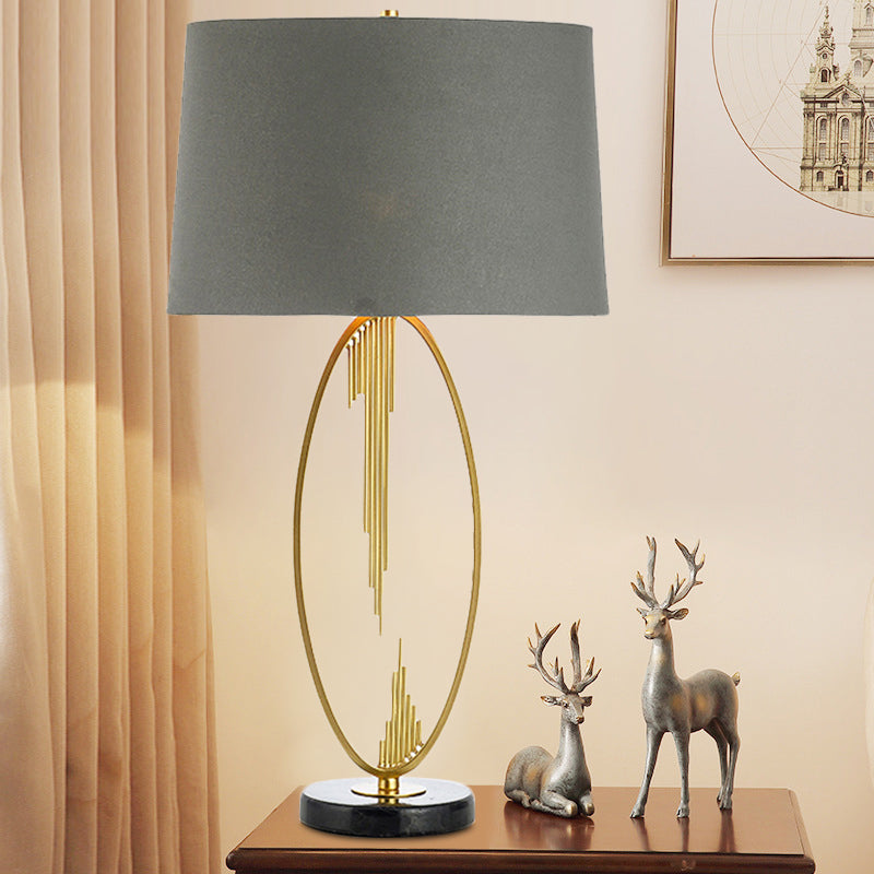 1 Head Tapered Drum Task Light Modernism Fabric Night Table Lamp in Grey with Marble Base Clearhalo 'Lamps' 'Table Lamps' Lighting' 380338