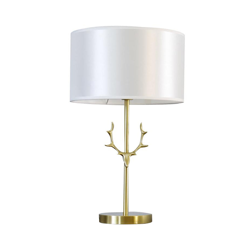 Cylindrical Fabric Desk Light Modernist 1 Bulb White Night Table Lamp with Gold Metal Elk Clearhalo 'Lamps' 'Table Lamps' Lighting' 380355