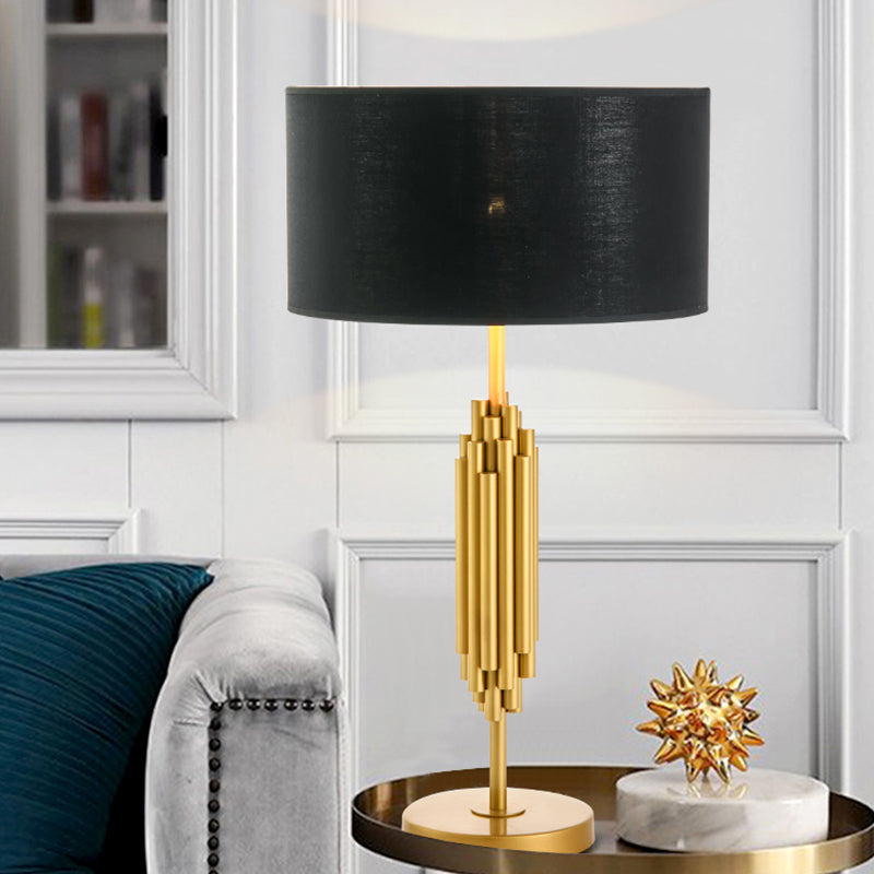 Contemporary Shaded Desk Light Fabric 1 Head Nightstand Lamp in Black with Gold Circular Metal Base Clearhalo 'Lamps' 'Table Lamps' Lighting' 380392