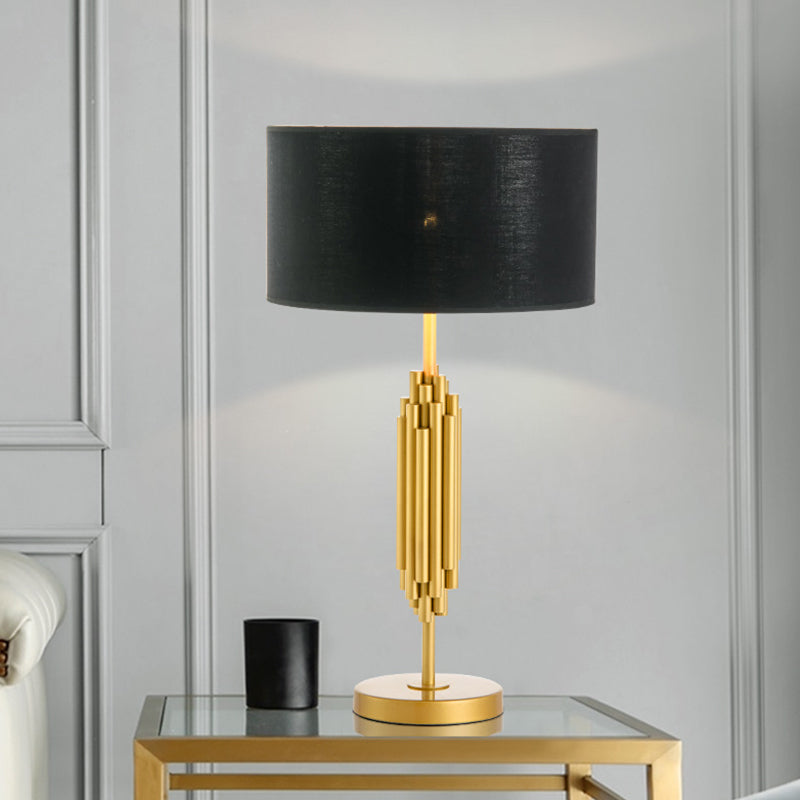 Contemporary Shaded Desk Light Fabric 1 Head Nightstand Lamp in Black with Gold Circular Metal Base Clearhalo 'Lamps' 'Table Lamps' Lighting' 380393