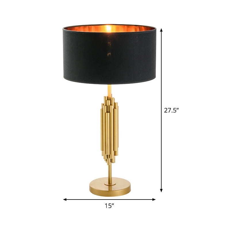 Contemporary Shaded Desk Light Fabric 1 Head Nightstand Lamp in Black with Gold Circular Metal Base Clearhalo 'Lamps' 'Table Lamps' Lighting' 380395