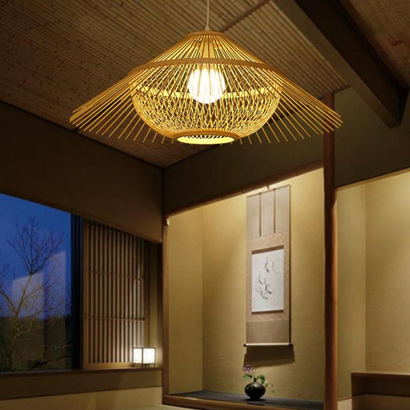 1 Head Tearoom Ceiling Lamp Asia Yellow Pendant Lighting Fixture with Conical Bamboo Shade Clearhalo 'Ceiling Lights' 'Pendant Lights' 'Pendants' Lighting' 380539