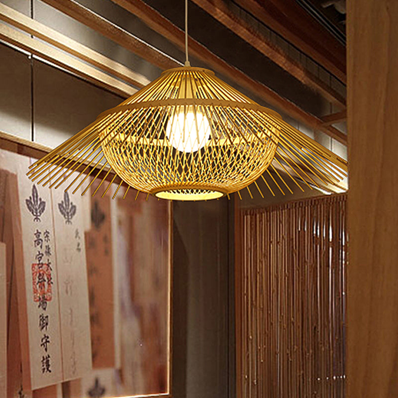 1 Head Tearoom Ceiling Lamp Asia Yellow Pendant Lighting Fixture with Conical Bamboo Shade Clearhalo 'Ceiling Lights' 'Pendant Lights' 'Pendants' Lighting' 380540