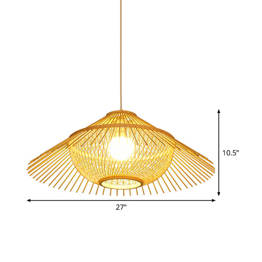 1 Head Tearoom Ceiling Lamp Asia Yellow Pendant Lighting Fixture with Conical Bamboo Shade Clearhalo 'Ceiling Lights' 'Pendant Lights' 'Pendants' Lighting' 380543