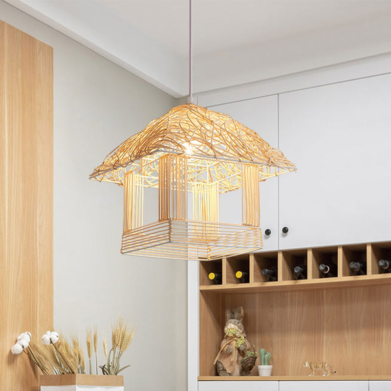 Asian 1 Bulb Pendant Light Beige House Suspended Lighting Fixture with Bamboo Shade Beige Clearhalo 'Ceiling Lights' 'Pendant Lights' 'Pendants' Lighting' 380549_a3100d13-b3d6-4e3e-903a-0d6e36406eb5