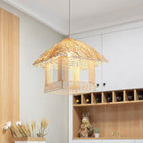 Asian 1 Bulb Pendant Light Beige House Suspended Lighting Fixture with Bamboo Shade Clearhalo 'Ceiling Lights' 'Pendant Lights' 'Pendants' Lighting' 380549