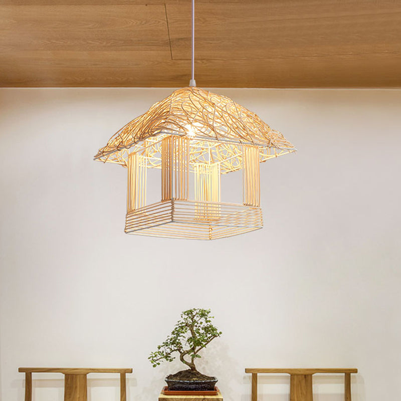 Asian 1 Bulb Pendant Light Beige House Suspended Lighting Fixture with Bamboo Shade Clearhalo 'Ceiling Lights' 'Pendant Lights' 'Pendants' Lighting' 380550