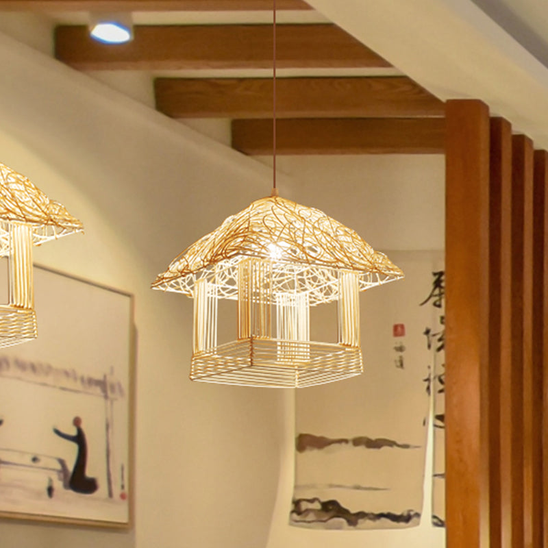 Asian 1 Bulb Pendant Light Beige House Suspended Lighting Fixture with Bamboo Shade Clearhalo 'Ceiling Lights' 'Pendant Lights' 'Pendants' Lighting' 380551