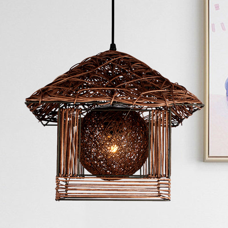 Handmade Ceiling Lamp Chinese Bamboo 1 Bulb 12"/16" Wide Beige/Coffee Pendant Lighting Fixture Clearhalo 'Ceiling Lights' 'Pendant Lights' 'Pendants' Lighting' 380570