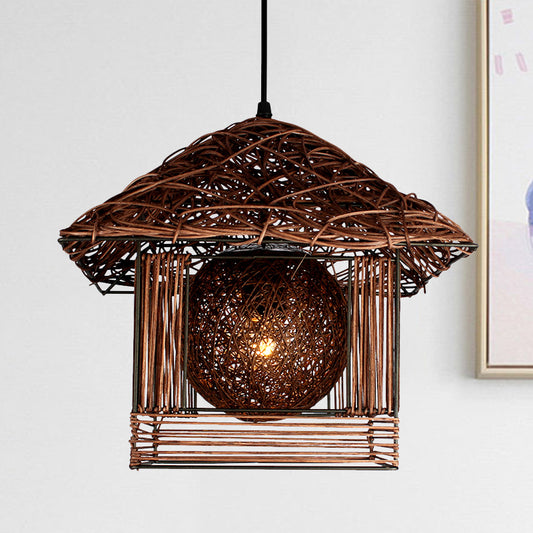 Handmade Ceiling Lamp Chinese Bamboo 1 Bulb 12"/16" Wide Beige/Coffee Pendant Lighting Fixture Clearhalo 'Ceiling Lights' 'Pendant Lights' 'Pendants' Lighting' 380570