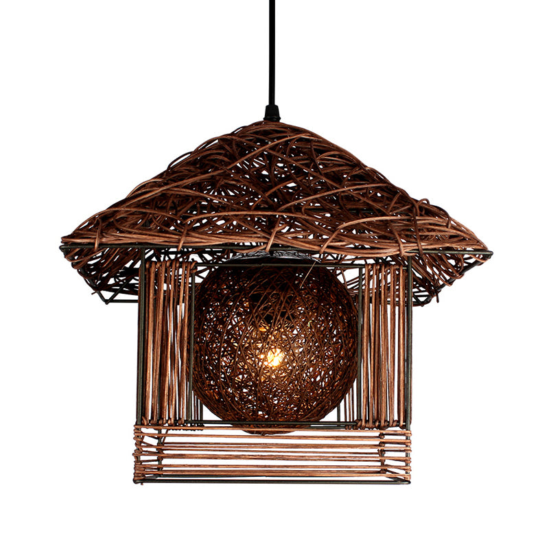 Handmade Ceiling Lamp Chinese Bamboo 1 Bulb 12"/16" Wide Beige/Coffee Pendant Lighting Fixture Clearhalo 'Ceiling Lights' 'Pendant Lights' 'Pendants' Lighting' 380571