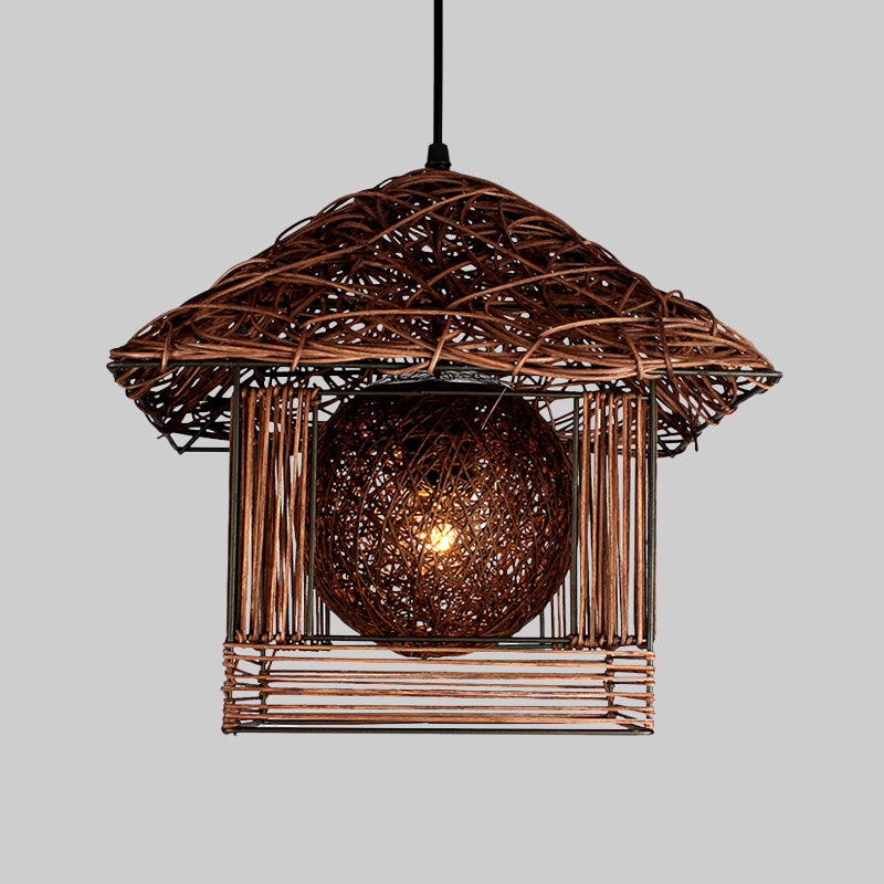 Handmade Ceiling Lamp Chinese Bamboo 1 Bulb 12"/16" Wide Beige/Coffee Pendant Lighting Fixture Clearhalo 'Ceiling Lights' 'Pendant Lights' 'Pendants' Lighting' 380572