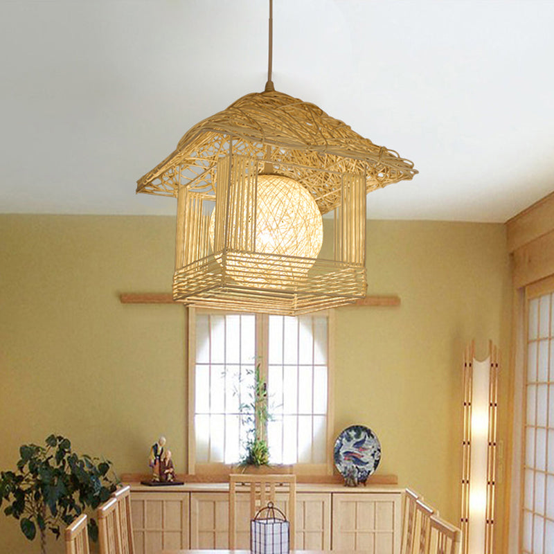 Handmade Ceiling Lamp Chinese Bamboo 1 Bulb 12"/16" Wide Beige/Coffee Pendant Lighting Fixture Clearhalo 'Ceiling Lights' 'Pendant Lights' 'Pendants' Lighting' 380575